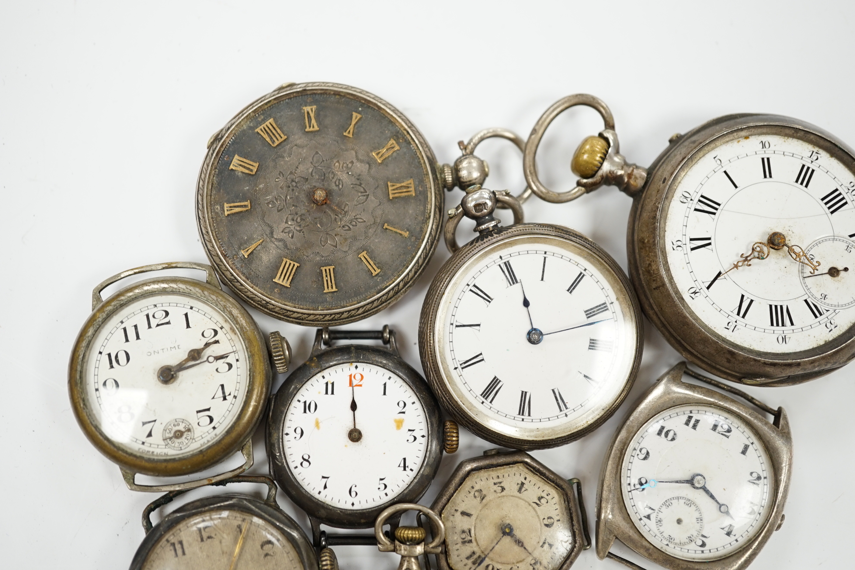 Nine assorted mainly silver fob or wrist watches including Ontime.